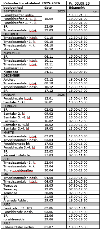 Årskalender for Askfelt danske Skole